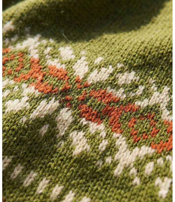 Écharpe Jacquard Laine & Acrylique Vert Kaki - Motifs Ethniques