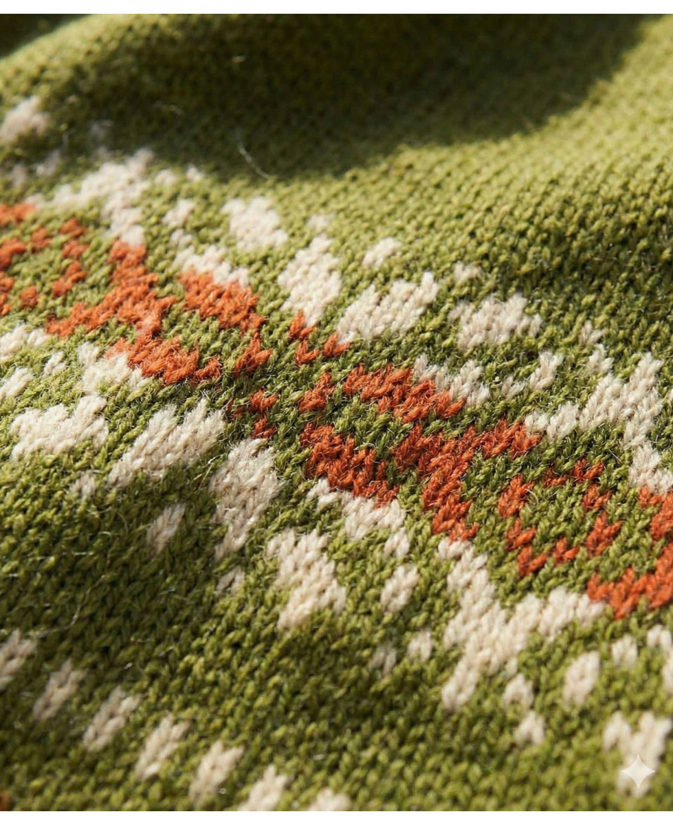 Écharpe Jacquard Laine & Acrylique Vert Kaki - Motifs Ethniques