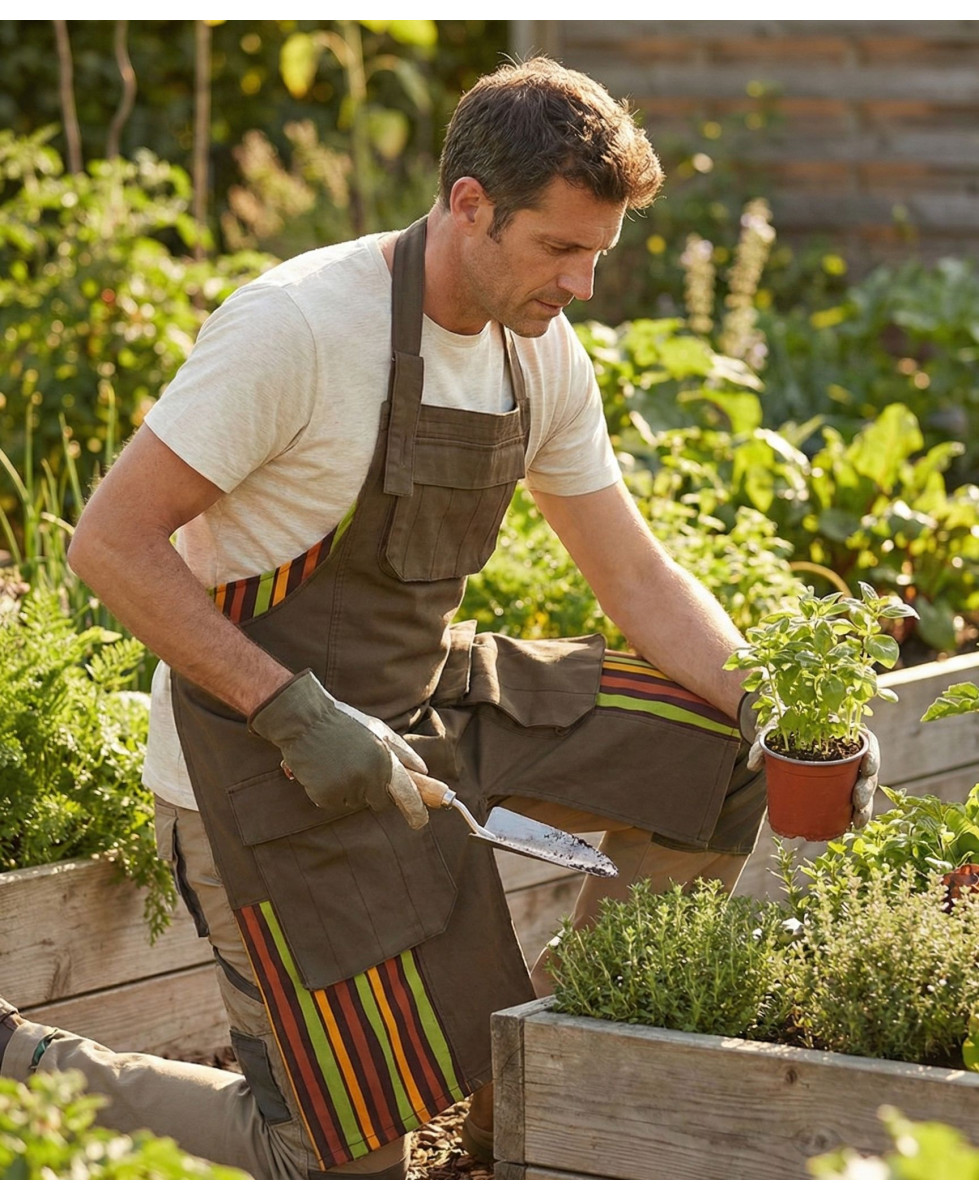 Tablier Jardin Coton Marron - Multipoches & Coupe Fendue