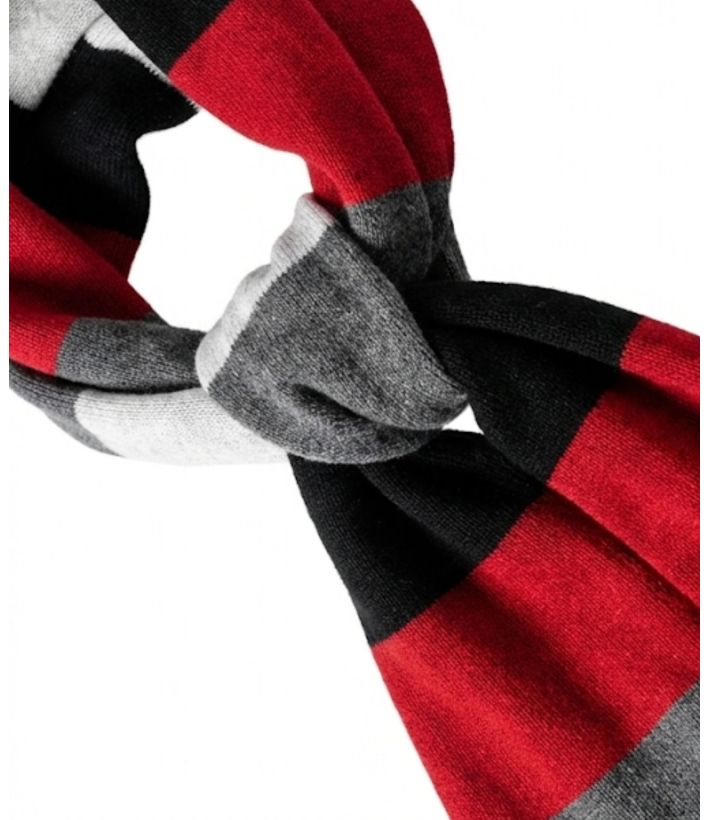 Écharpe Rayée Grise, Rouge et Noire – Coton Doux Mélangé
