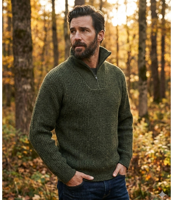 Pull col camionneur SEDETEX D143 – Vert kaki chiné chaud