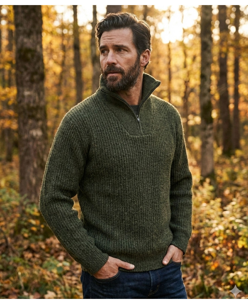 Pull col camionneur SEDETEX D143 – Vert kaki chiné chaud