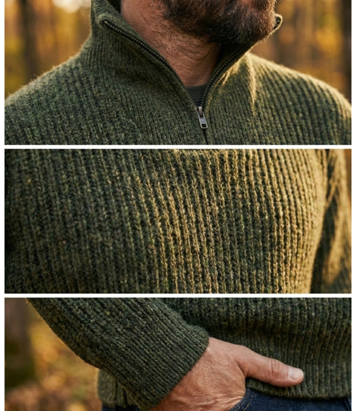 Pull col camionneur SEDETEX D143 – Vert kaki chiné chaud