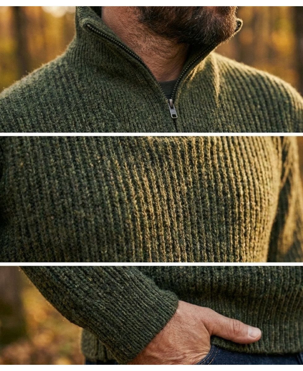 Pull col camionneur SEDETEX D143 – Vert kaki chiné chaud