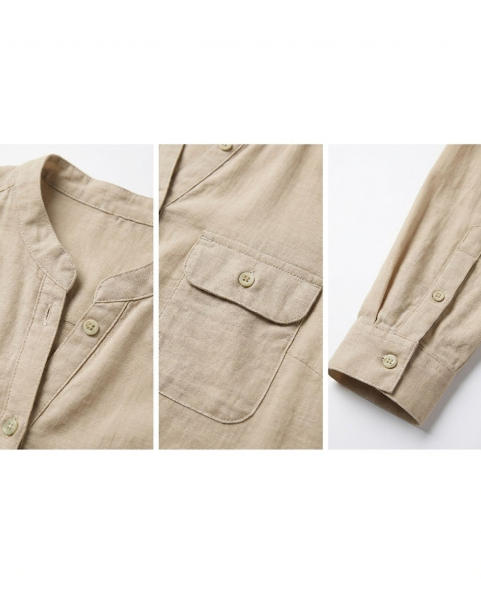 Chemisier Femme Beige en Coton Texturé Manches Retroussables