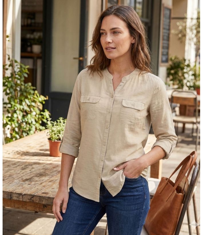 Chemisier Femme Beige en Coton Texturé Manches Retroussables