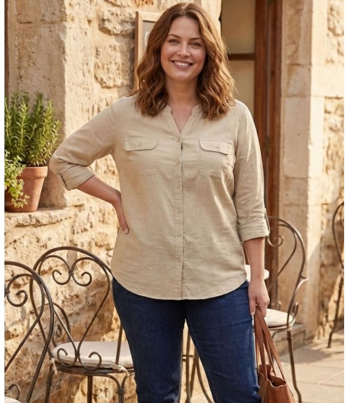 Chemisier Femme Beige en Coton Texturé Manches Retroussables