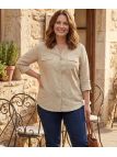 Chemisier Femme Beige en Coton Texturé Manches Retroussables