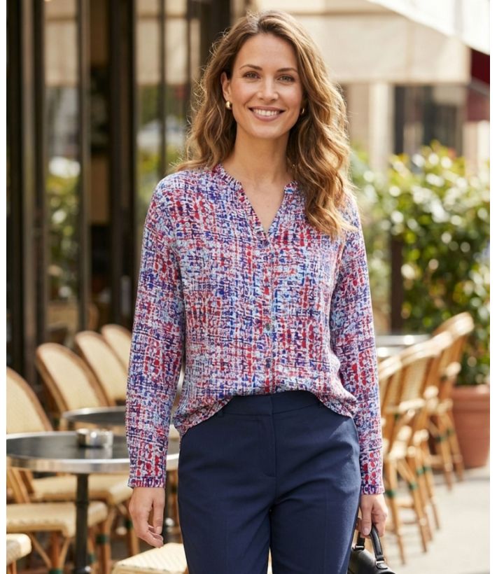 Chemisier Femme Imprimé Bleu et Rouge en Viscose Fluide