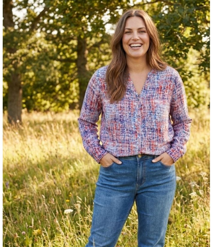 Chemisier Femme Imprimé Bleu et Rouge en Viscose Fluide
