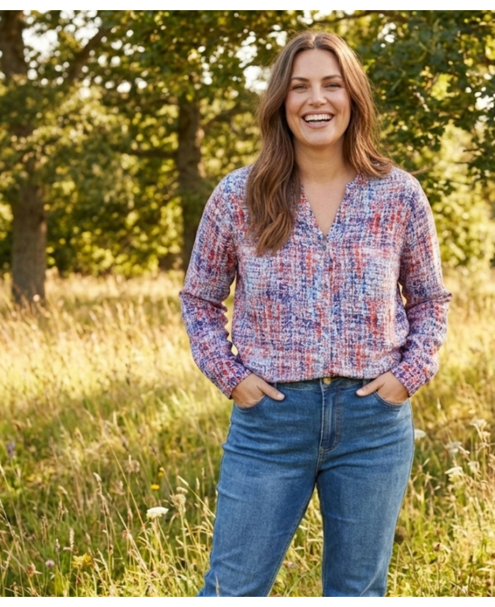 Chemisier Femme Imprimé Bleu et Rouge en Viscose Fluide