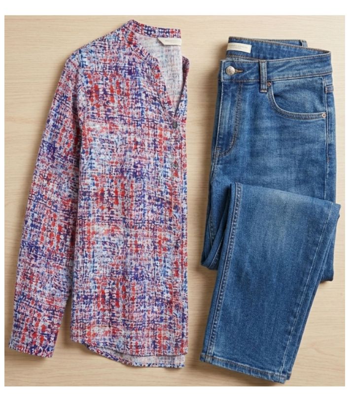 Chemisier Femme Imprimé Bleu et Rouge en Viscose Fluide