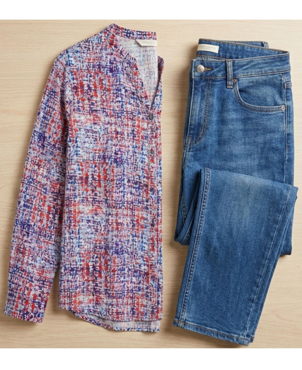 Chemisier Femme Imprimé Bleu et Rouge en Viscose Fluide