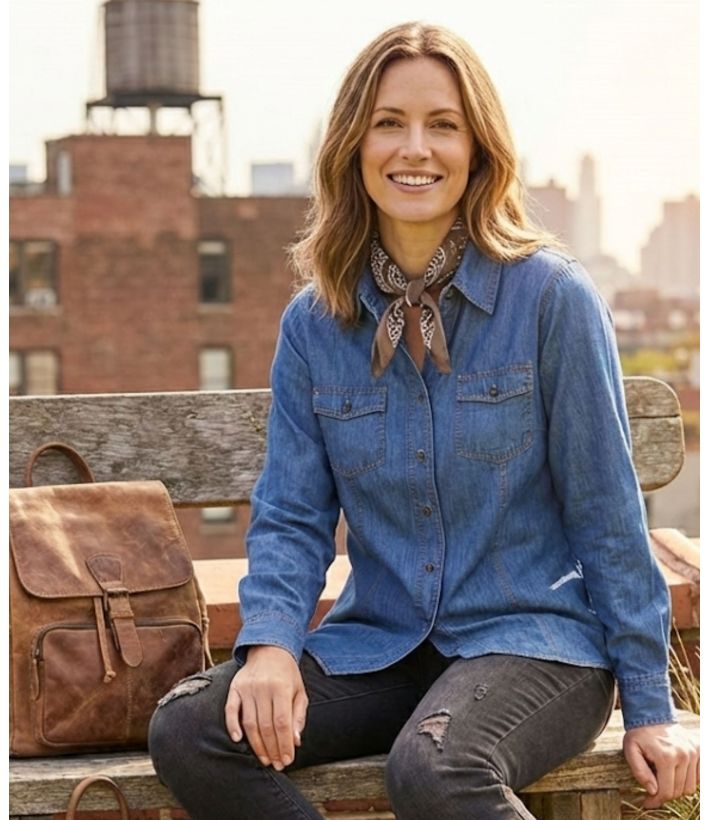 Chemisier Femme Jean Bleu Denim 100% Coton Boutons Bois