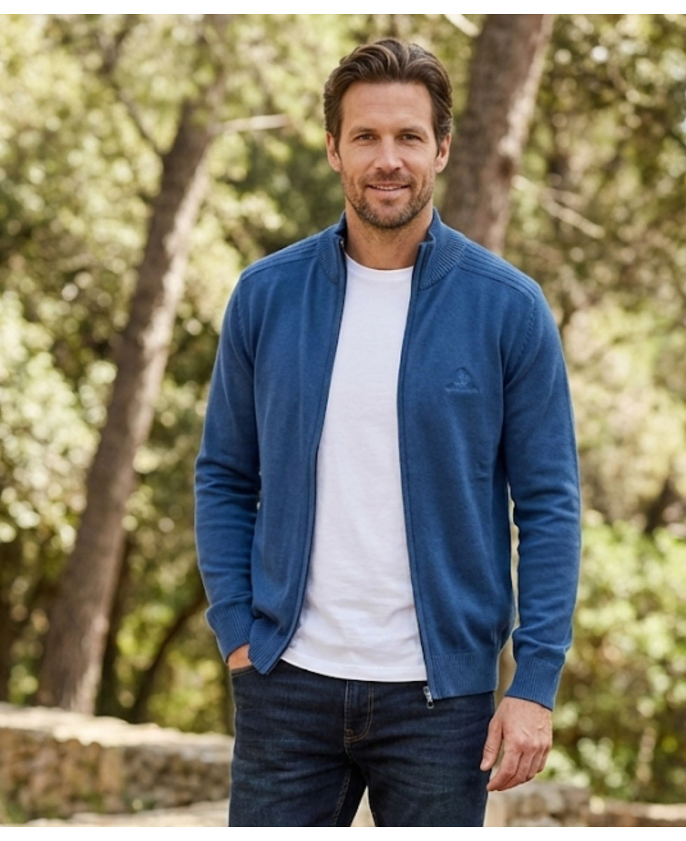 Cardigan Zippé Homme Bleu Winchester 100% Coton Doux & Confortable
