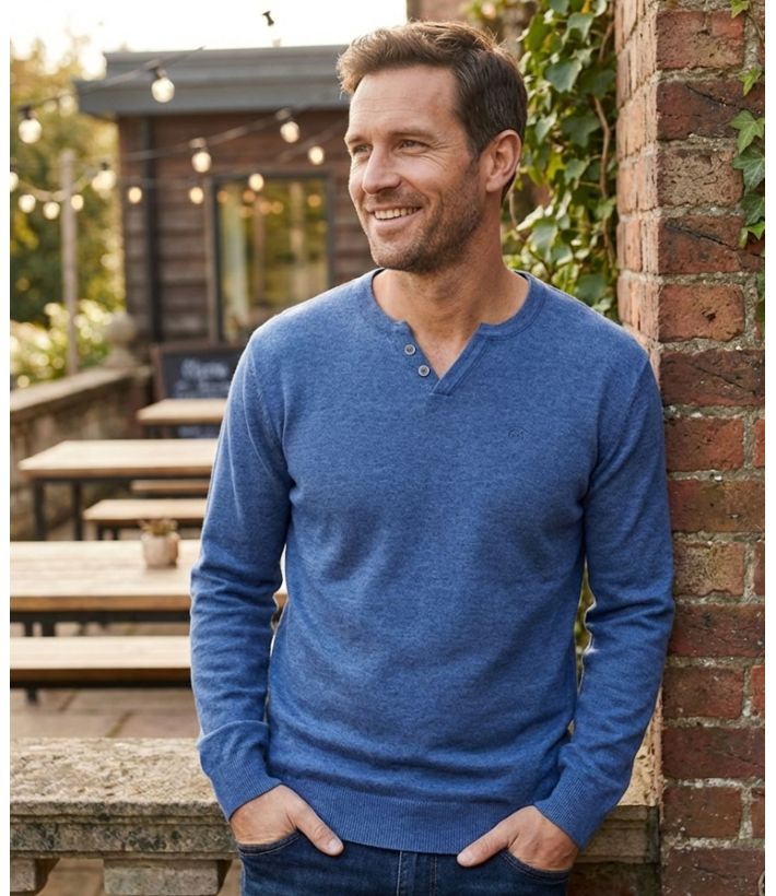 Pull Homme Col Boutonné Parvis1 – Maille Coton Mélangé Bleu