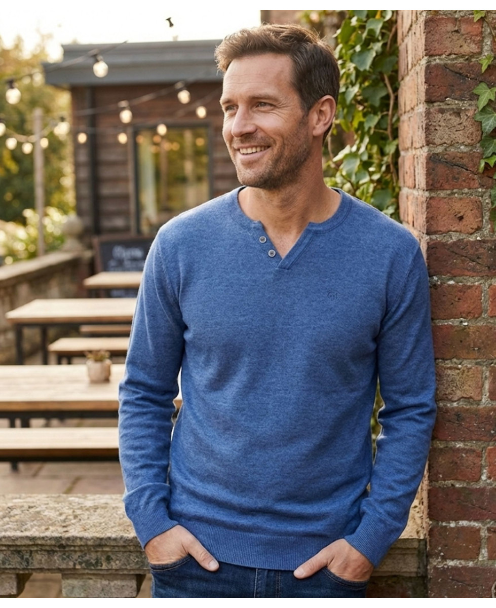 Pull Homme Col Boutonné Parvis1 – Maille Coton Mélangé Bleu