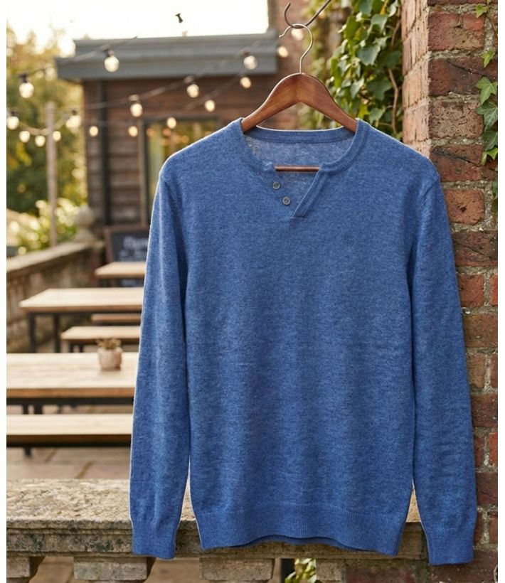 Pull Homme Col Boutonné Parvis1 – Maille Coton Mélangé Bleu