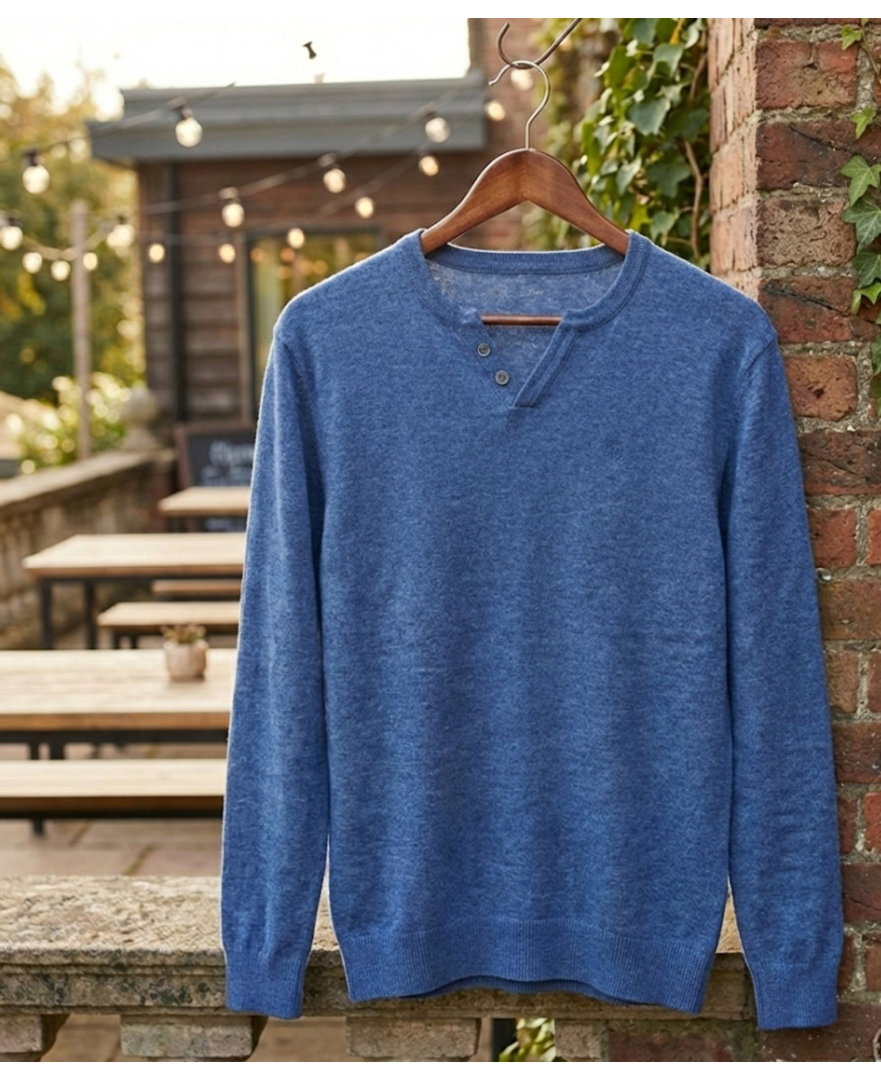 Pull Homme Col Boutonné Parvis1 – Maille Coton Mélangé Bleu