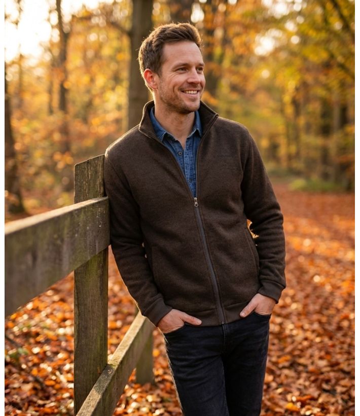 Cardigan Zippé Polaire Tricot Marron - Col Montant & Coudières