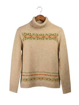 Pull épais laine camel UF368C – Col montant & motif fantaisie