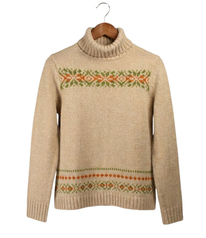 Pull épais laine camel UF368C – Col montant & motif fantaisie