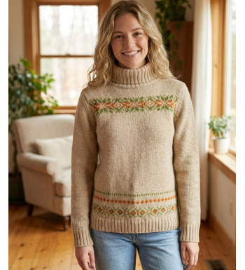 Pull épais laine camel UF368C – Col montant & motif fantaisie