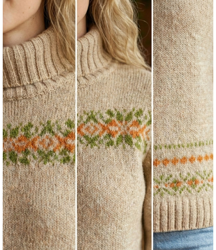 Pull épais laine camel UF368C – Col montant & motif fantaisie