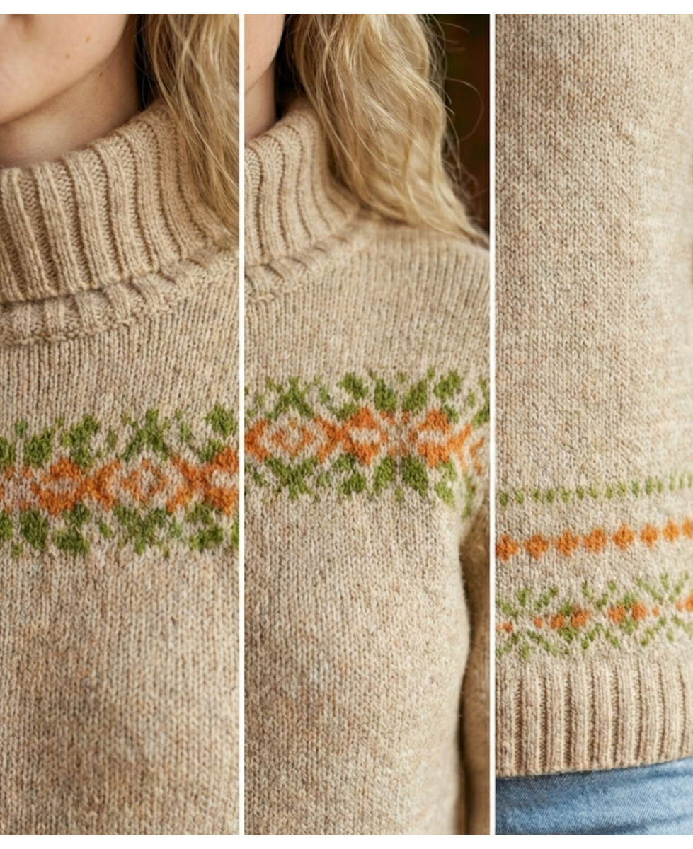 Pull épais laine camel UF368C – Col montant & motif fantaisie