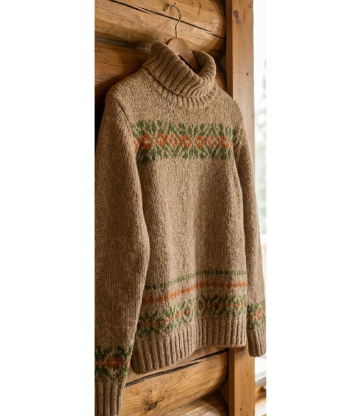 Pull épais laine camel UF368C – Col montant & motif fantaisie