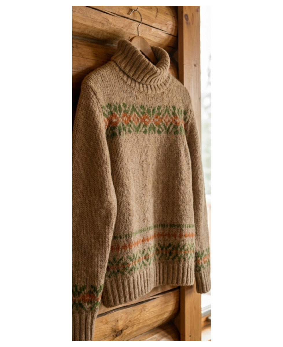 Pull épais laine camel UF368C – Col montant & motif fantaisie