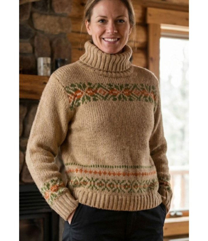 Pull épais laine camel UF368C – Col montant & motif fantaisie