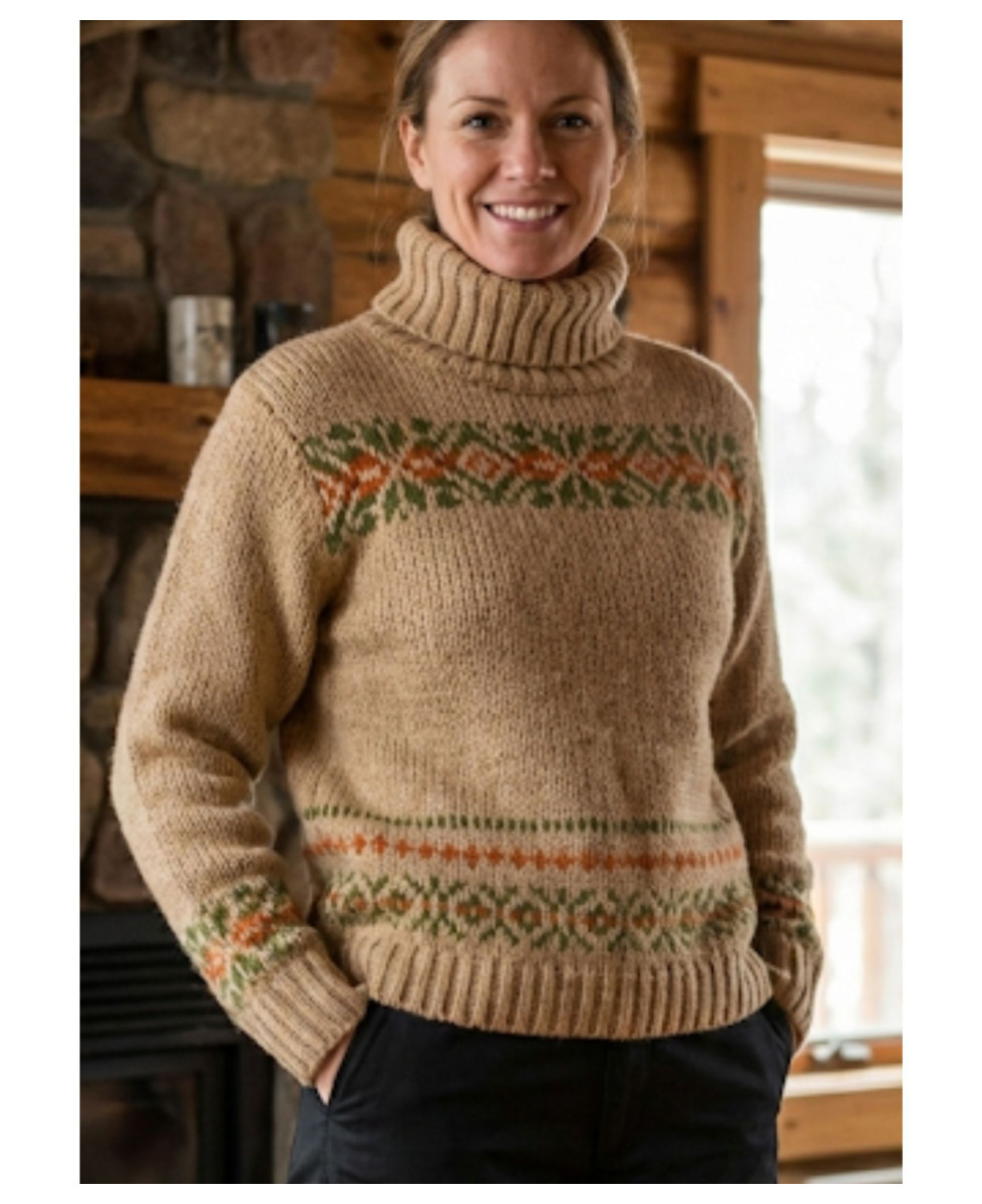 Pull épais laine camel UF368C – Col montant & motif fantaisie