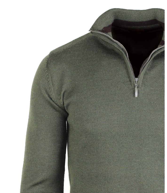 Pull Camionneur Homme Coton Zippé Olive & Choco