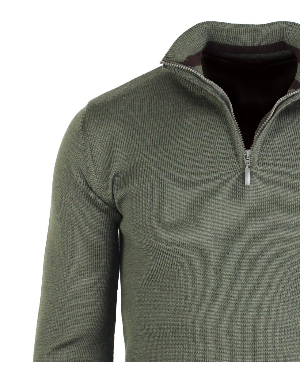 Pull Camionneur Homme Coton Zippé Olive & Choco