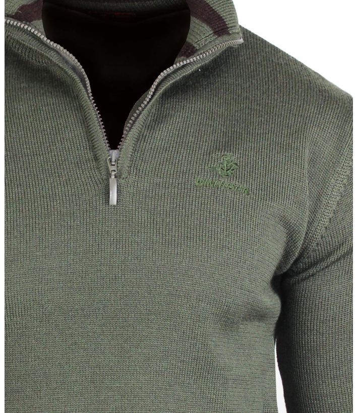 Pull Camionneur Homme Coton Zippé Olive & Choco