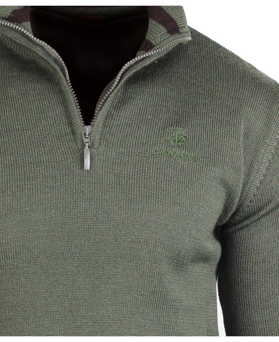 Pull Camionneur Homme Coton Zippé Olive & Choco