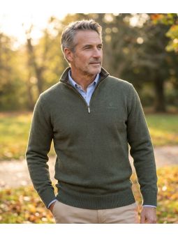 Pull Camionneur Homme Coton Zippé Olive & Choco