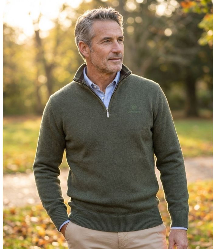 Pull Camionneur Homme Coton Zippé Olive & Choco