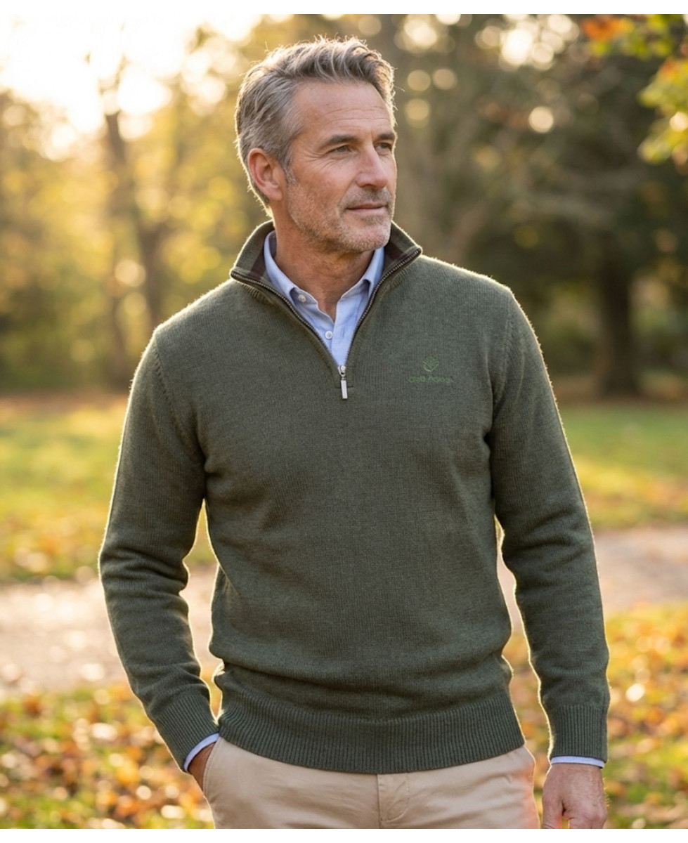 Pull Camionneur Homme Coton Zippé Olive & Choco