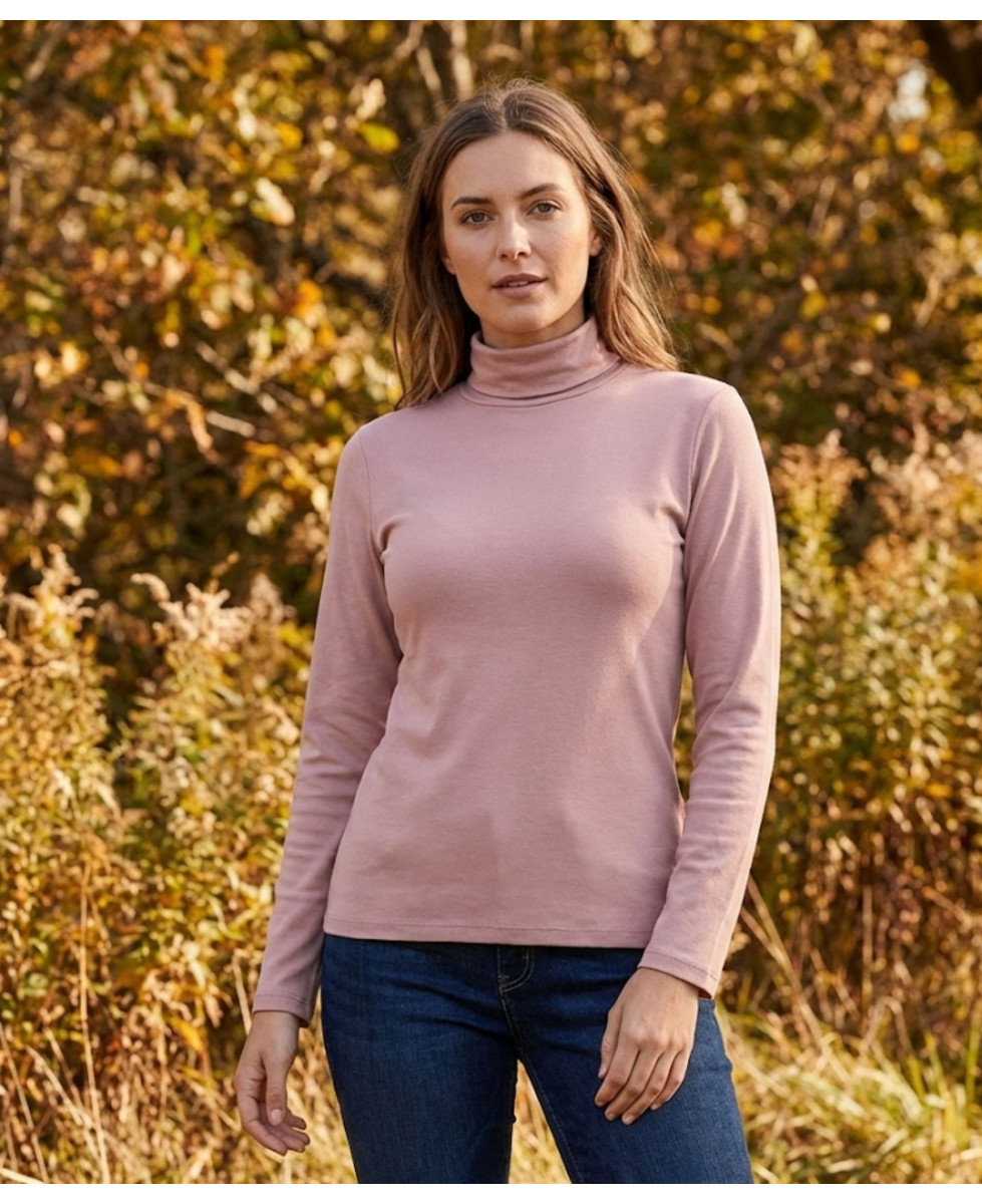 Sous-pull Col Roulé Femme Rose en Viscose Douce et Stretch