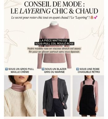 Sous-pull Col Roulé Femme Rose en Viscose Douce et Stretch