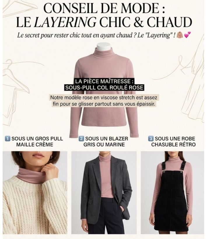 Sous-pull Col Roulé Femme Rose en Viscose Douce et Stretch