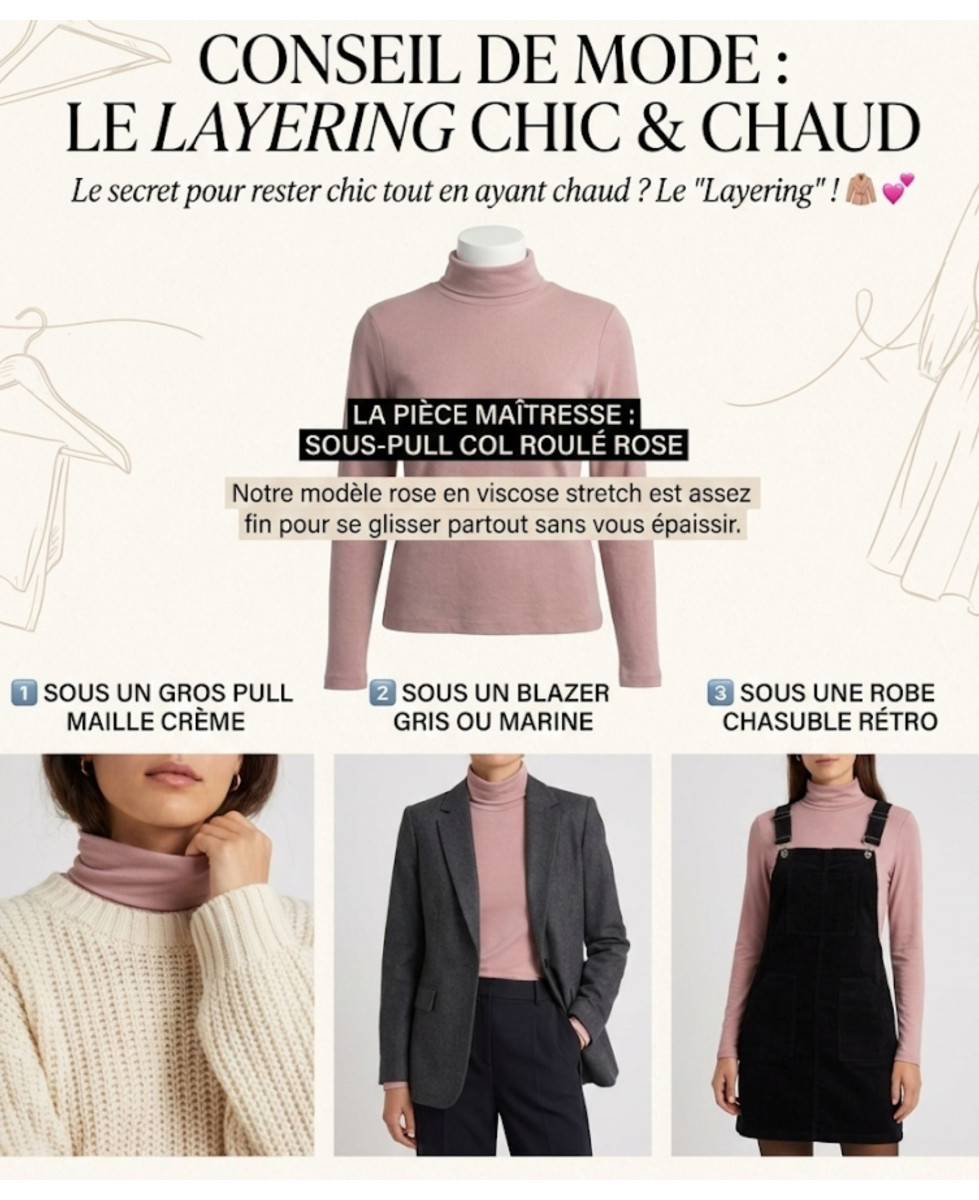 Sous-pull Col Roulé Femme Rose en Viscose Douce et Stretch