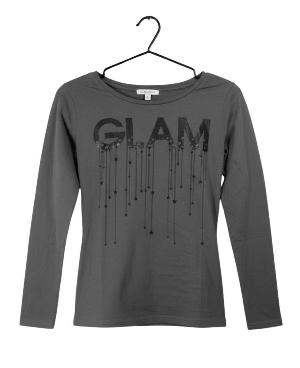 Tee-shirt femme gris manches longues – Coton, sérigraphie chic