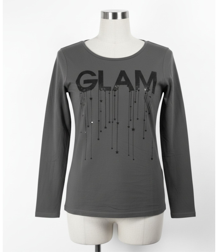 Tee-shirt femme gris manches longues – Coton, sérigraphie chic