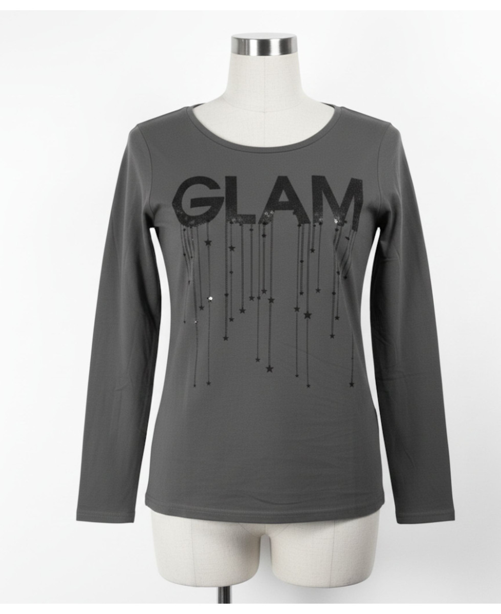 Tee-shirt femme gris manches longues – Coton, sérigraphie chic