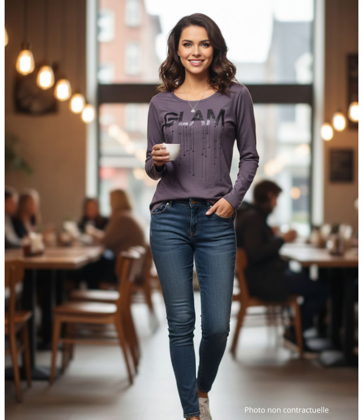 Tee-shirt femme violet manches longues – Coton, sérigraphie