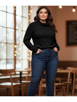 Tee-shirt femme chaud noir – Col boule, maille extensible