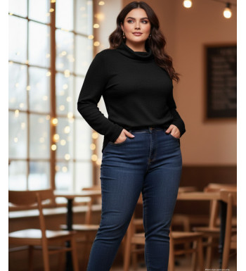 Tee-shirt femme chaud noir – Col boule, maille extensible